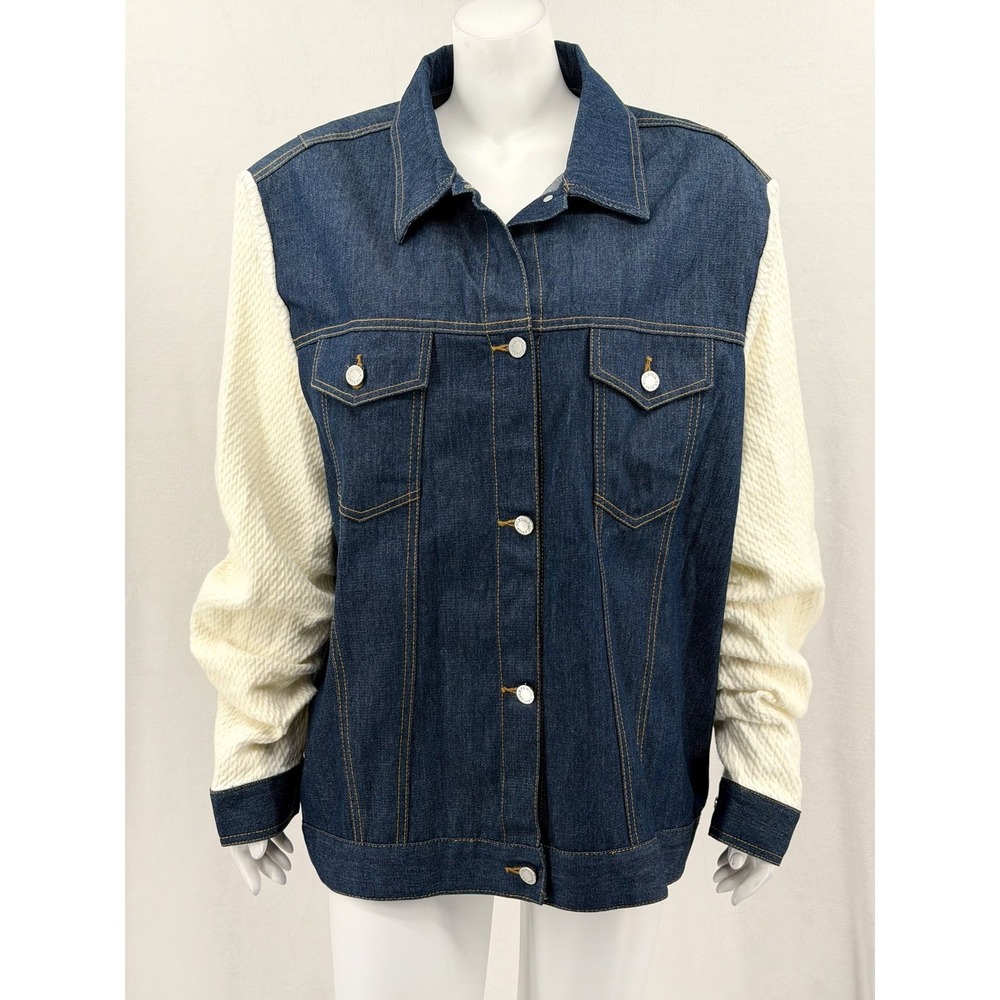 WeWoreWhat Jacket Womens Medium Large Denim Oversized Contrast Cable Knit Sleeve